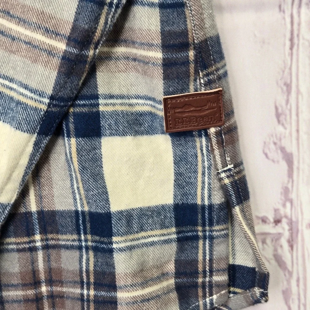 L.L.Bean Flannel Shirt Blue Brown Plaid Quarter Zip Soft Cotton Mens Large L